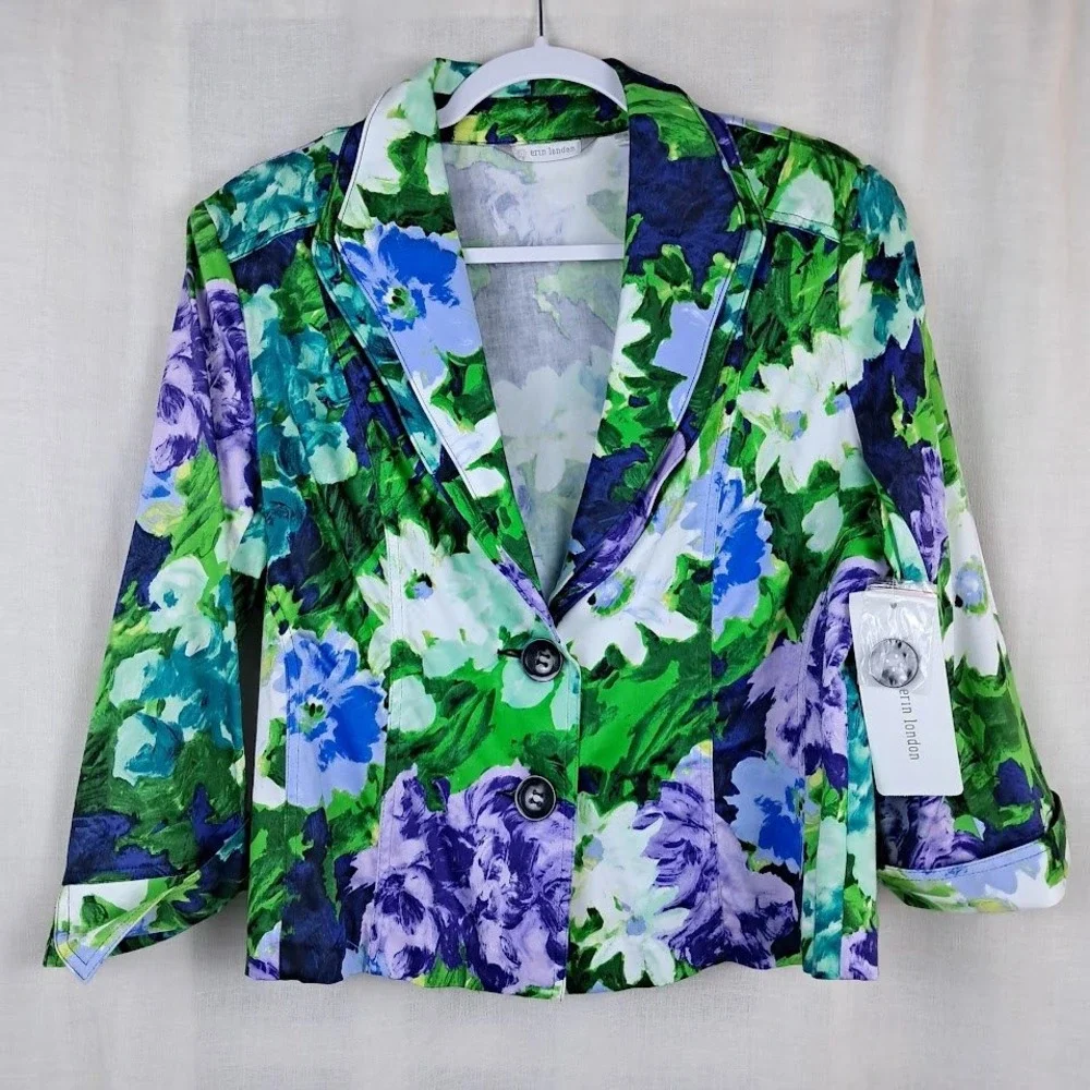 Erin London M Blue Green Floral Cropped Blazer 3/4 Sleeve Wired Collar NWT